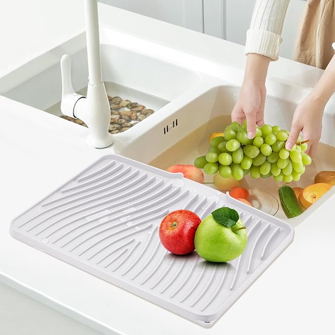 TIKNIK Silicone Dish Drying Mat for Kitchen Counter, White-1pcs, 20" x 15" | Heat Resistant & Non-Slip Dish Drain Pad with Built-In Drain, Dishwasher Safe, Quick-Dry, Hangable & Roll-Up for Storage - Image 7