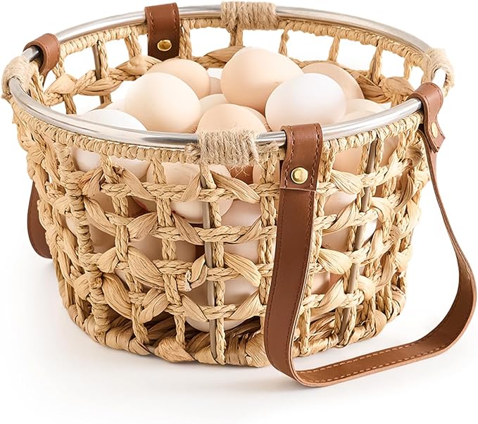 Farmhouse Wicker Egg Basket for Collecting Fresh Eggs, Round Storage Basket with Handle, Brown, Sea Grass by LGENHOOMHandwovenNaturalWaterHyacinthBasket