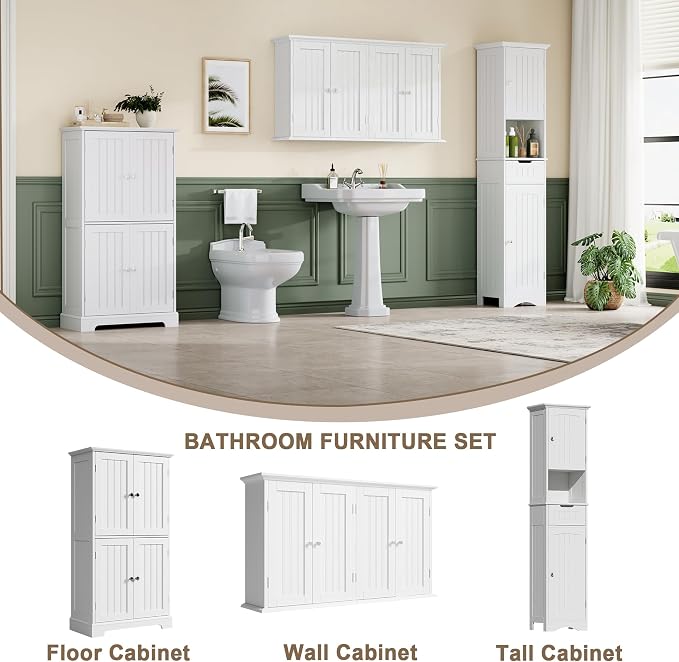 ChooChoo Laundry Cabinet with 4 Doors and Adjustable Shelves | 9.06"D x 40.9"W x 24"H, Bathroom Wall Cabinet, Cupboard, White - Image 5