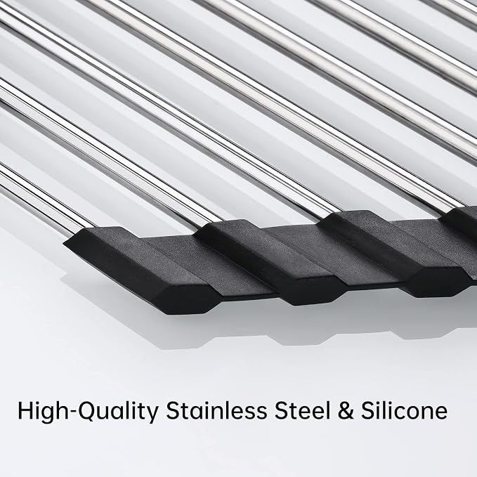 Tomorotec Triangle Roll Up Dish Drying Rack 304 Stainless Steel Black | BPA-Free Food-Grade Silicone Edges Foldable Waterproof Rustproof Heavy-Duty Space Saver Heat Resistant to 550°F - Image 2