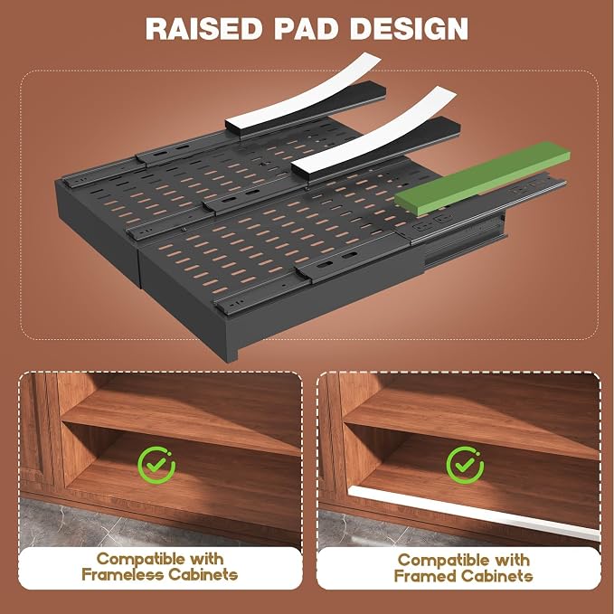 Seinloes Pull Out Cabinet Organizer,4-Side Expandable to Maximize Cabinet Space,Slide Out Drawers with 3 Rail Design,Roll Out Shelf with Raising Pad for Framed Cabinet,13"-21"W x 17"-24"D,Black,4 Pack - Image 4