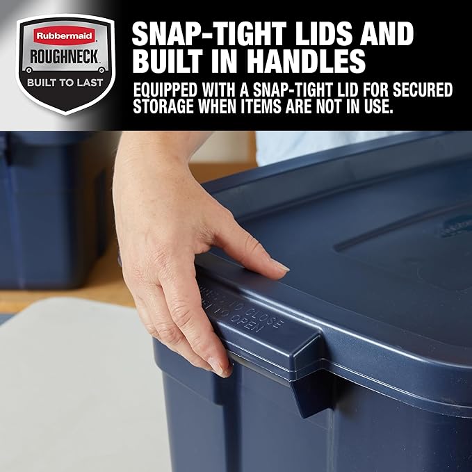 Rubbermaid Roughneck Tote 14 Gal, 6 Pack, Made in USA, Dark Indigo Metallic, Rugged Plastic Stackable Storage Bins with Lids and Handles - Image 4