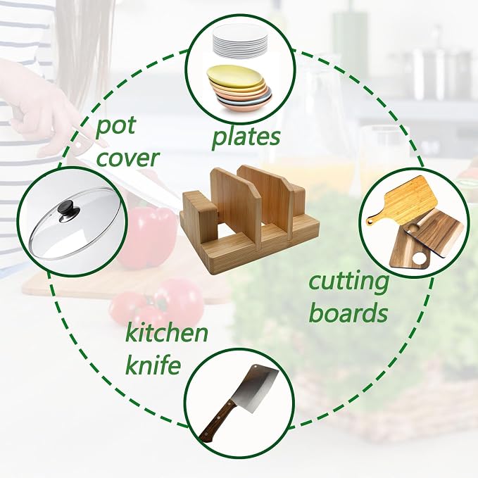 Bamboo Cutting Chopping Board Holder Stand Pot Lid Organizer | Small Cutting Board Rack for Countertop, Tabletop Knife Holder for Kitchen - Image 5
