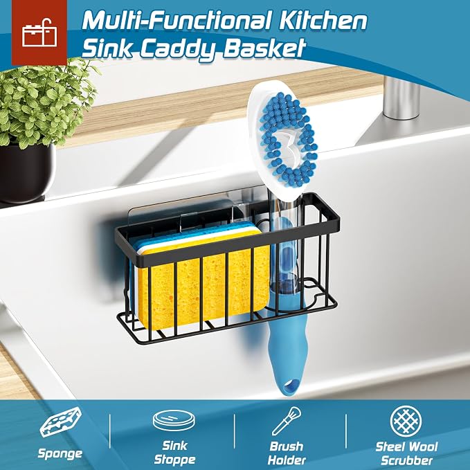 MURLONG Sponge Holder for Kitchen Sink,Sink Caddy Organizer with Suction Cups/Adhesive Strips,Dish Sponge Holder Design for Sponges,Scrubber,Stoppers-Black - Image 5