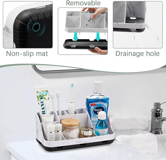 GFWARE Marble Bathroom Countertop Organizer - Detachable 7 Slots Kids Electric Toothbrush and Toothpaste Holde Drainage for Bathroom Accessories Organization Counter Vanity Storage, Black | Detachable 7 Slots Kid Electric Toothbrush and Toothpaste Hold... - Image 3
