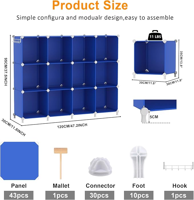 AWTATOS Cube Storage Organizer Closet Organizers 12 Cube Storage Shelves | Protable Closet for Kids DIY Stackable Cube Shelves Bookshelf Clothes Organizer for Bedroom, Home, Admiral Blue - Image 3
