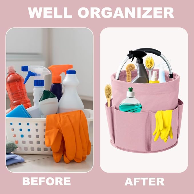 Cleaning Caddy with Handle, 17L Foldable Cleaning Supplies Organizer, Portable Storage Basket, Cleaning Supply Caddy, Multifunctional Cleaning Bucket Bag for Garden, Home, Kitchen (Pink) - Image 3
