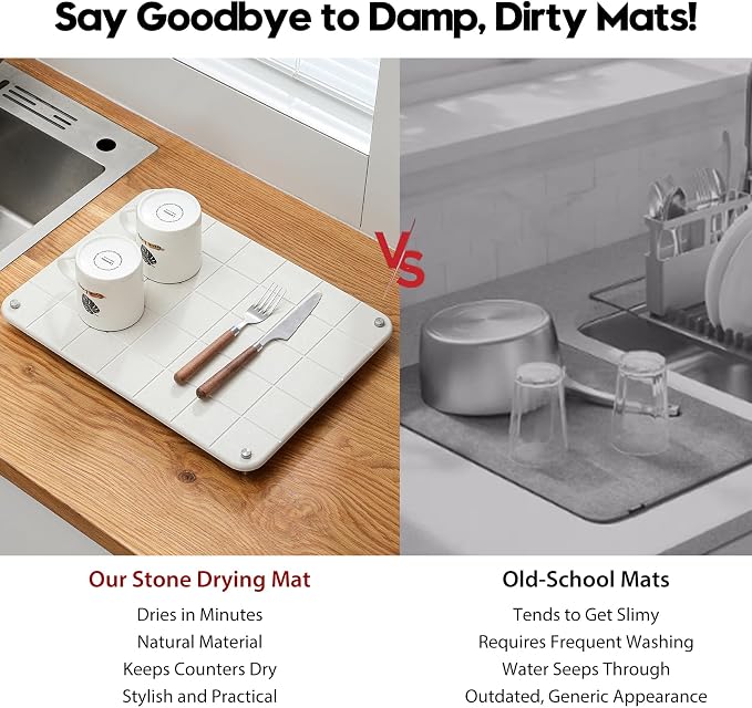 Stone Dish Drying Mat for Kitchen Counter, Water Absorbing Bathroom Tray Sink Organizer, Diatomaceous Earth Countertop Dish Rack Riser Sponge Holder Soap Dish, Gray Beige, 16" x 12" - Image 3