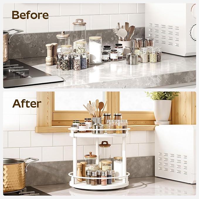 Lazy Susan Organizer, Rotating Spice Rack, 2 Tier Spice Turntable Organizer, Industrial Turntable Spice Holder, for Kitchen Countertop, Compact and Versatile, White SR22WW - Image 4