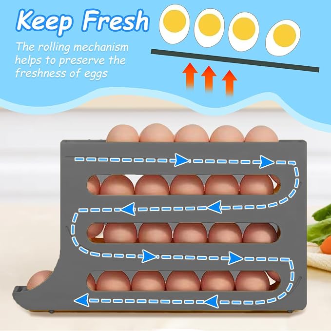 Egg Holder for Fridge, 4 Tiers Dispenser, 30 Egg Container Refrigerator, Large Capacity Organizer Automatic Fridge Rolling Egg Container for Pantry Countertop (Grey) - Image 3