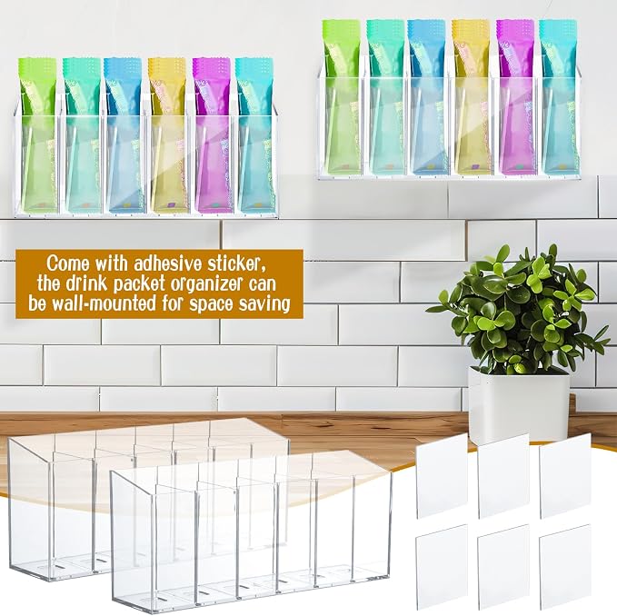 2 Pcs Acrylic Drink Packet Organizer, Water Drink Packet Holder Water Flavor Packet Storage Container with Removable Divider Wall Mount Drink Storage Bins for Table Refrigerator Cabinets Pantry - Image 6