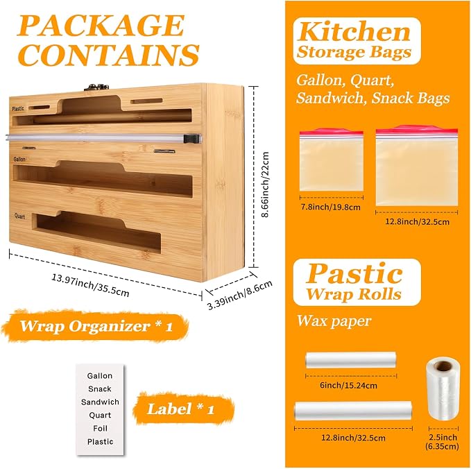 Allinside Magnetic Kitchen Bag Organizer and Plastic Wrap Dispenser with Slide Cutter, 3-in-1 Bamboo Kitchen Foil Storage Holder Compatible with Gallon, Quart, Sandwich Snack Bags - Image 6