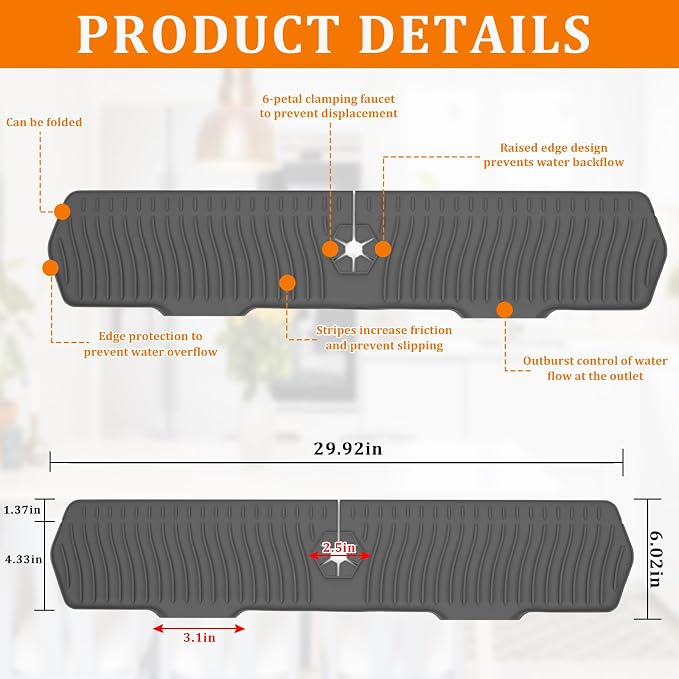 30 Inch Sink Splash Guard,Longer Silicone Sink Mat for Kitchen Bathroom,Kitchen Faucet,Silicone Sink Faucet Mat Splash Guard, Drip Protector Splash Countertop (Grey) - Image 2