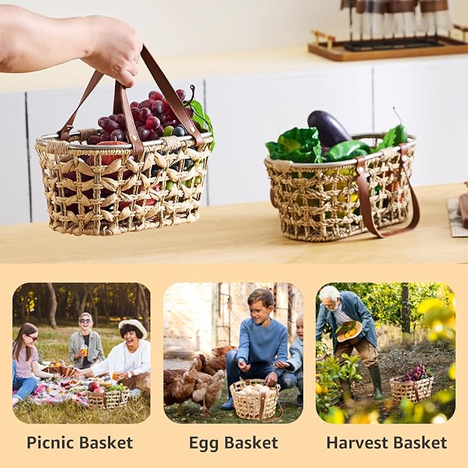 Farmhouse Seagrass Egg Baskets for Collecting Fresh Eggs Handmade Egg Collecting Basket Wicker Oval Storage Basket for Picnic, Harvest, Vegetable - Image 3