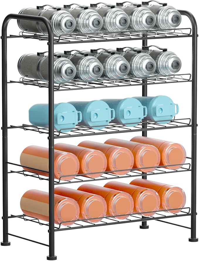 OYEAL Plastic Water Bottle Storage Rack 5 Tier Bottled Water Holder Organizer Freestanding Floor Small Beverage Soda Drink Stand Shelf for Kitchen Pantry Can Storage, Hold 30 Bottles, Black by OYEAL