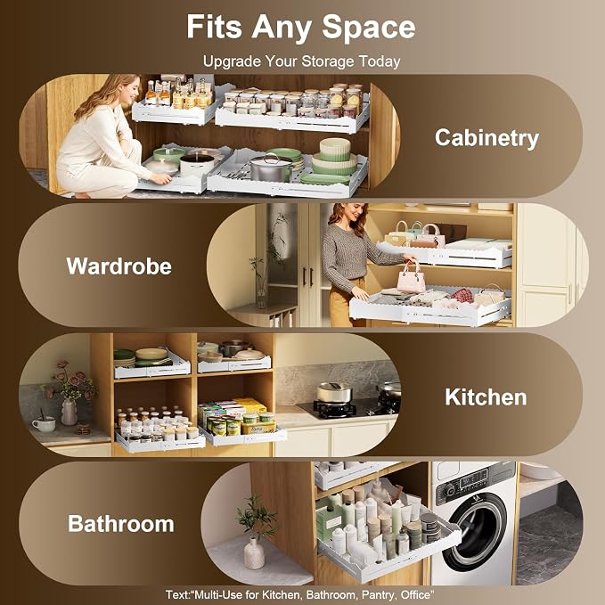 Pull Out Drawers for Cabinets, Expandable Pull Out Cabinet Organizer 11-18" Width,13-24" Depth, Roll out Shelves for Cabinets Without Lip, No Drill Adjustable Slide out Drawers for Kitchen & Pantry - Image 5