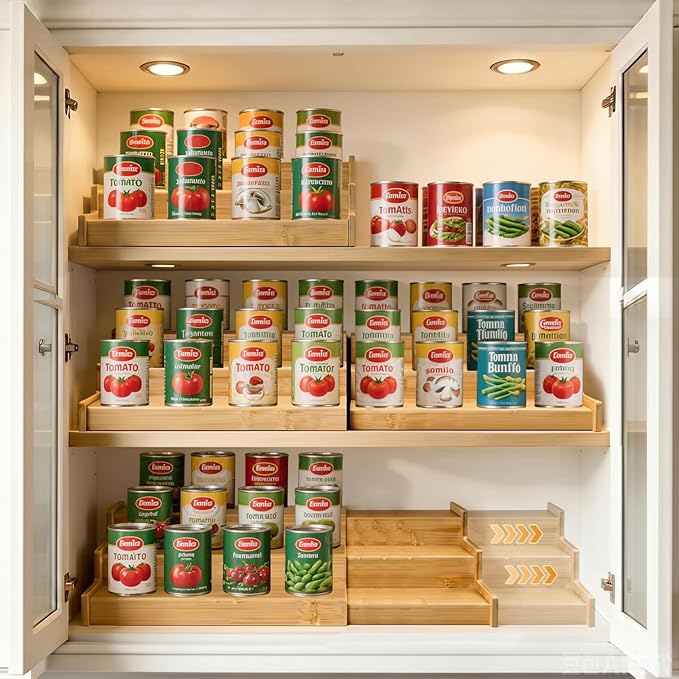 Artcochan 3 Tier Expandable Bamboo Can Rack Organizer for Pantry，Adjustable Pantry Organizers Holds Up to 24 Soda Cans,Canned Food Storage for Kitchen Cabinet Countertop - Image 4