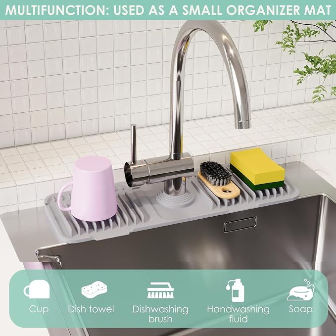 17.7-Inch Silicone Faucet Mat for Kitchen Sink Splash Guard, 7° Slope | 17.7"x5.5" water draining mat with fasten button; 1.6-2.75" customizable hole for bathroom, RV & kitchen sink drip catcher. - Image 7