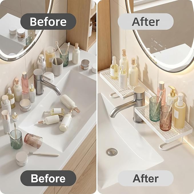 2 Pack Bathroom Sink Shelf Over Faucet,Behind the Faucet Sink Organizer, No Drill Free Standing Faucet Organizer Shelf with Drainage Design for Kitchen and Bathroom - Image 5