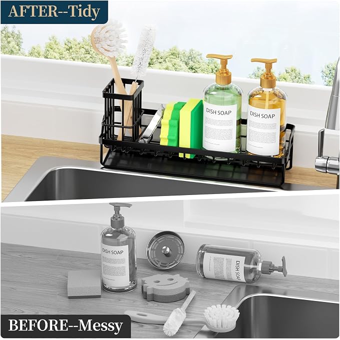 Consumest Sponge Holder for Kitchen Sink - Sink Caddy with Stainless Steel Self Drain Tray, Sink Organizer with High Brush Holder Countertop for Kitchen Sink Accessories, Black-Extra Large - Image 5