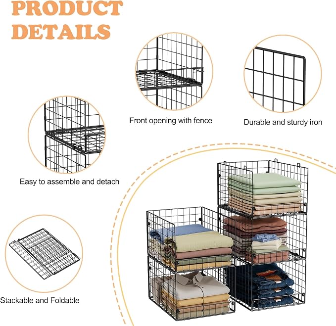 5-Tier Stackable Closet Storage Baskets, Closet Organizers and Storage Shelves, Foldable & Stackable Clothes Storage Bins for Closet System, Closet Shelf Organizer for Home,Black(Patent No. 30022416) - Image 2