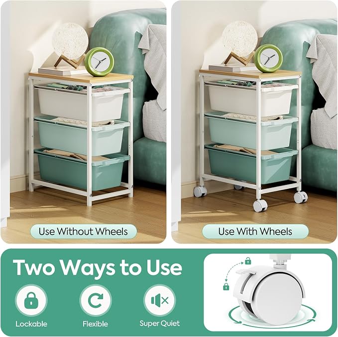 KINGBOARD Slim Rolling Cart with 4 Drawers, Metal Utility Storage Cart | Wooden Tabletop, Lockable Wheels, Table Side Trolley for Bedroom, Children's Room and Office Organization, Green - Image 8