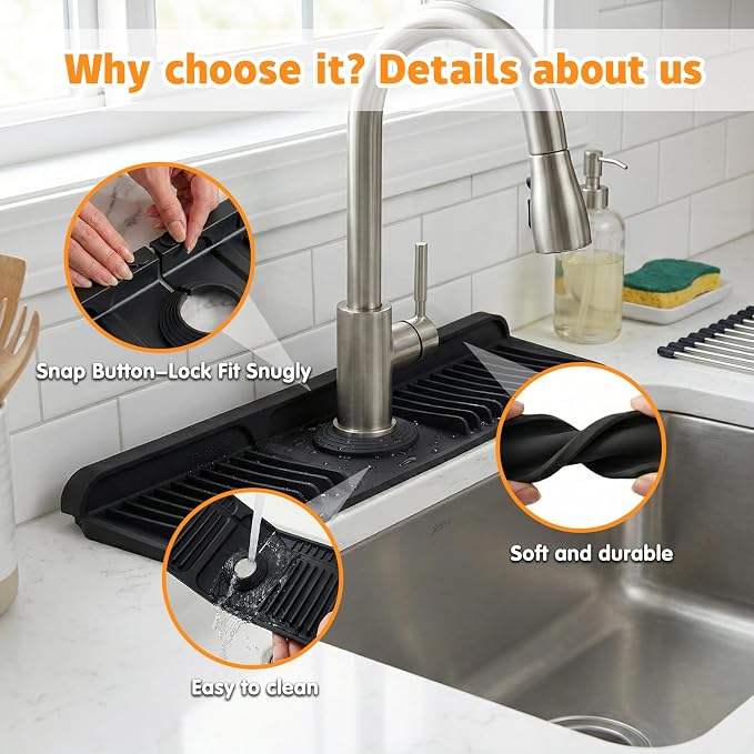Silicone Faucet Mat for Kitchen Sink, 17" Splash Guard 7° Slope Fast Drain | Adjustable hole cutout for easy install, fits kitchen & bathroom sinks; food-grade silicone, easy to clean, keeps counter dry - Image 4