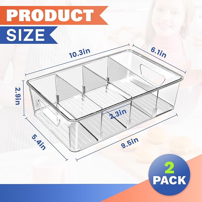 Stackable 4-Compartment Pantry Organizers and Storage, Clear Plastic Storage Bins with Removable Dividers Suitable for Pantry, Office, Kitchen, Cabinet & Fridge Organization, 2-Pack - Image 2