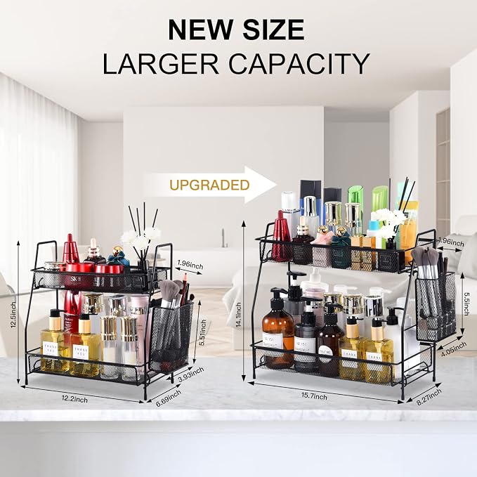 Large Countertop Organizer for Bathroom Counter, Bathroom Organizers and Storage, Under Sink Organizer Spice Rack Organizer for Kitchen with Basket(Black) - Image 2