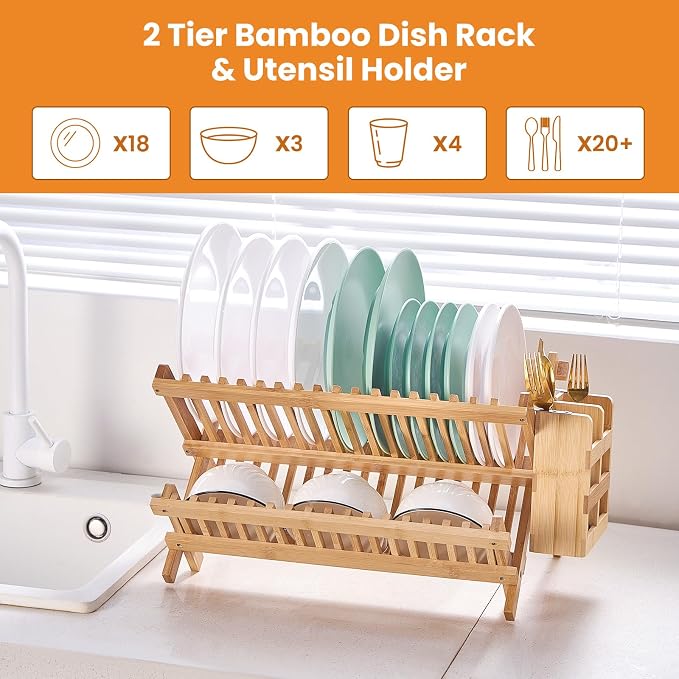 Bamboo Dish Drying Rack, 2 Tier Collapsible Dish Rack with Utensil Holder, Wooden Dish Drying Rack for Kitchen Counter, Large Folding Drying Holder, Dish Drainer 34 pcs Grid | Wooden Dish Drying Rack with Utensil Holder for Kitchen Counter, Large Foldi... - Image 4