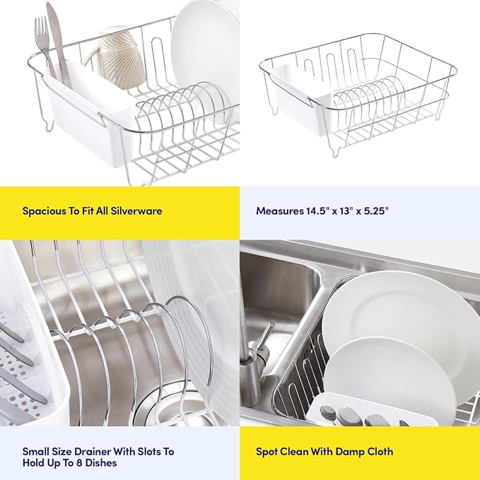 Sweet Home Collection Metal 2 Piece Dish Drying Rack Set Drainer with Utensil Holder Simple Easy to Use Fits in Most Sinks, 14.5" x 13" x 5.25", White - Image 6