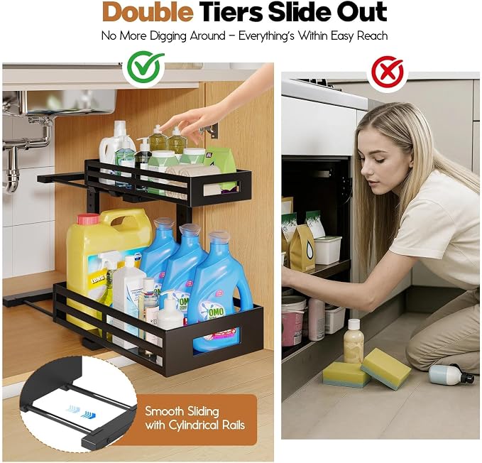2-Pack Under Sink Organizer and Storage,2-Tier L Shape Pull Out Cabinet Organizer With Round Tube Slide Rails,Hight Adjustable Slide Out Drawers for Kitchen&Bathroom,Multi-Purpose Shelf-Black - Image 3