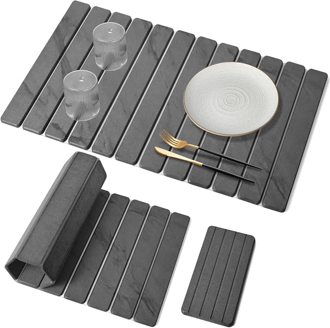 Large Stone Dish Drying Mat for Kitchen Counter, Quick Dry Dish Drying Mats, Foldable Absorbent Diatomaceous Earth Mats for Dishes Bottles Cup, Match Any Countertop (Gray Marble 28"×16" & 8"x4") by Lprmnnc