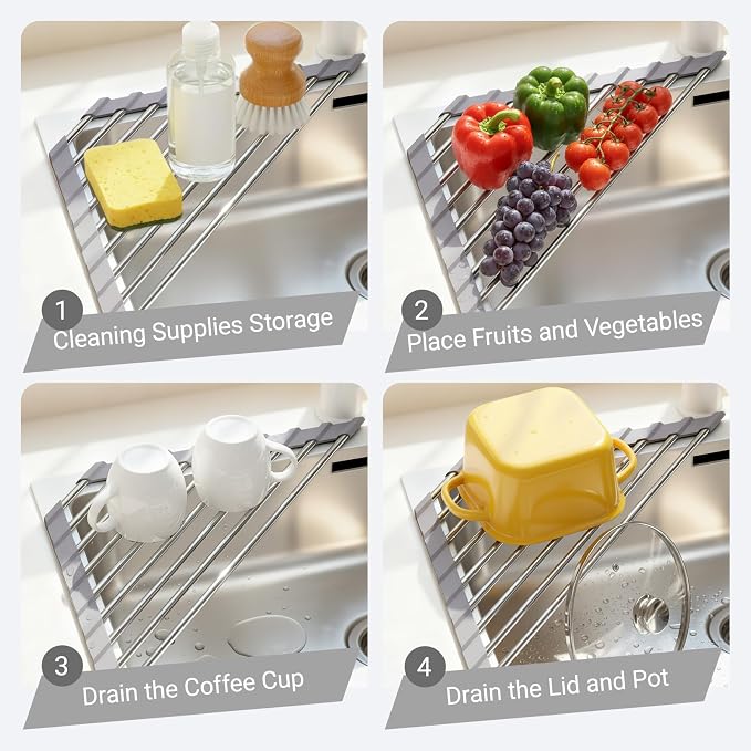 OYEWALLS Corner Sink Roll Up Triangular Dish Drying Rack, Small Multipurpose Stainless Steel Corner Shelf Over the Sink, Kitchen Drainer & Organizer for Space-Saving Storage - Image 4