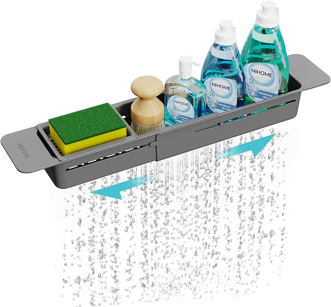 NiHome Extendable Kitchen Sink Caddy Extra Long Brush Sponge Storage Holder | Expandable Kitchen In Sink Organizer Extra Long for Brush Sponge with Drainage, Adjustable Length Non-Slip Pads (Dark Gray) by NiHome