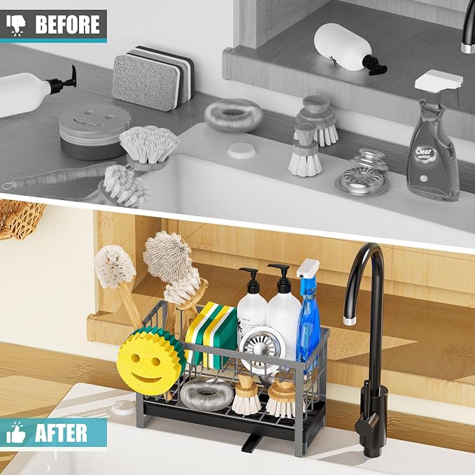 Sponge Holder for Kitchen Sink with Flexible Smiley Face, 2 Tier Kitchen Sink Organizer, Countertop and Storage Essentials, Soap Dispenser Organizer, Home Decor Accessories - Gray - Image 6