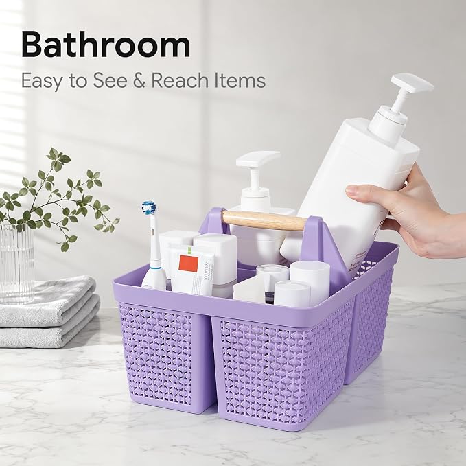 UUJOLY Portable Plastic Shower Caddy Basket with Wooden Handle, Purple | Divided Storage Organizer Tote for Bathroom, Dorm, College, Kitchen & RV – Lightweight, Easy-Carry Essentials Caddy - Image 4