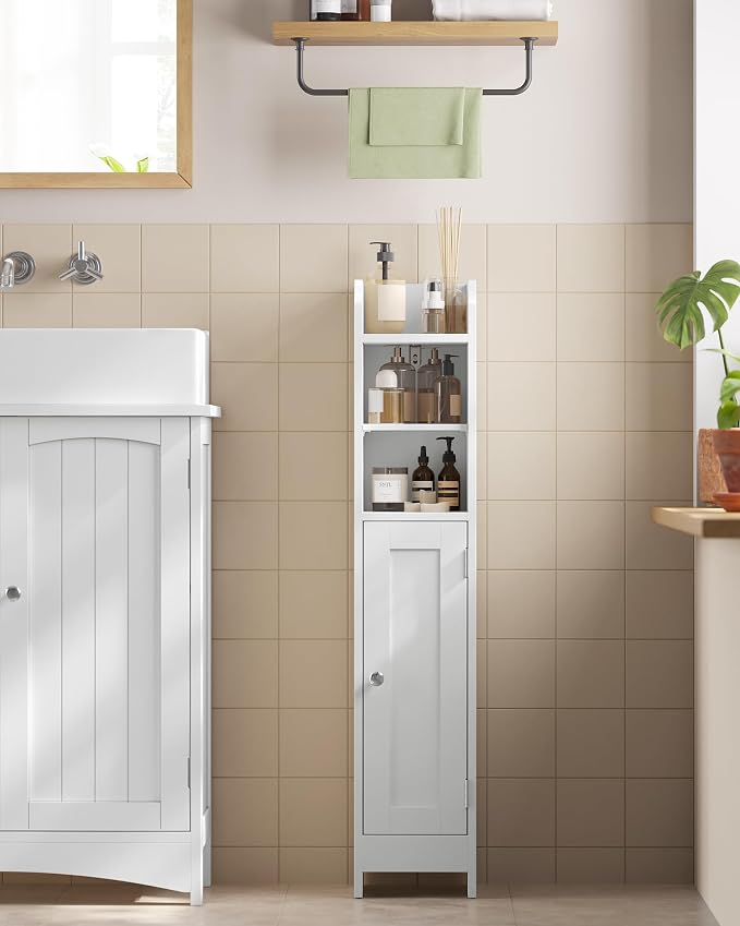 VASAGLE Small Storage Corner Floor Cabinet with Door, 7.9 x 7.1 x 36.2 Inches, Narrow Toilet Paper Storage Holder, Adjustable Shelves, for Bathroom, Living Room, Small Spaces, Cloud White UBBC311W01 - Image 8