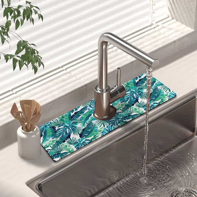 Kitchen Sink Splash Guard Faucet Mat 15" X 5.5" Tropical Leavesl Absorbent Fast Drying Mat Faucet Draining Mat Sink Splash Guard Behind Faucet Drip Catcher for Kitchen Bathroom by Unknown