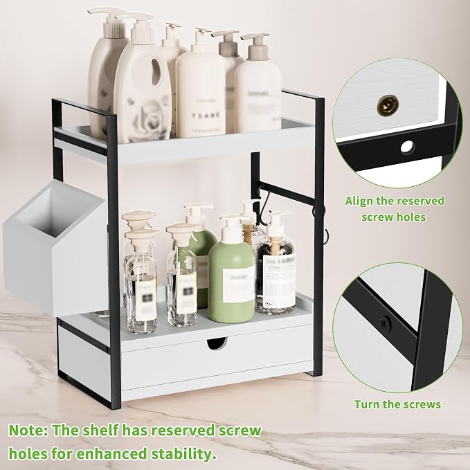 2-Tier Bathroom Counter Organizer, Wooden Vanity Shelf with Drawer & Basket | Pre-Drilled Holes, Skincare & Makeup Countertop Organizer and storage, White - Image 4