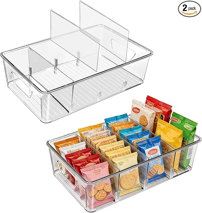 Stackable 4-Compartment Pantry Organizers and Storage, Clear Plastic Storage Bins with Removable Dividers Suitable for Pantry, Office, Kitchen, Cabinet & Fridge Organization, 2-Pack by Unknown