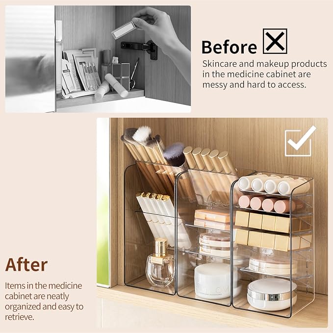 PAVSTINE 3-Pack Medicine Cabinet Organizer, Clear Open Storage Compartment with Adjustable Dividers, for Lip Oil/Lip Pencil/Eye Shadow Palette/Foundation Storage - Image 6
