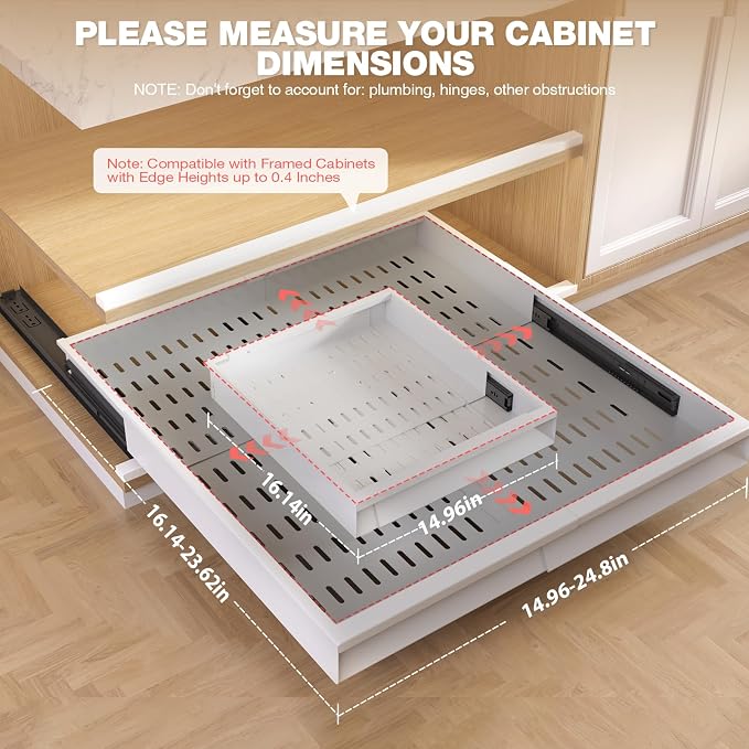 Seinloes Pull Out Cabinet Organizer, 4-Side Expandable to Fit Most Cabinets, 3 Rail Slide Out Drawers with Raising Pad for Framed & Frameless Cabinets, 15"-25" W x 17"-24" D, White, 4 Pack - Image 4