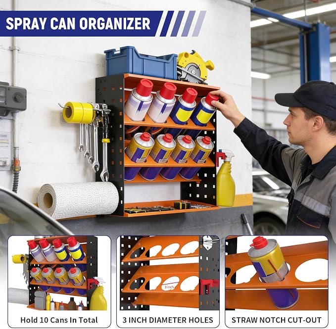 Wall Mount Spray Can Holder, Aerosol Spray Bottle Holder Storage Rack, Heavy-Duty Paint Bottle Organizer with 8 Can Holes & 4 Steel Hooks, 4 Plastic Hooks for Garage, Shop, Home or Tool Trailer - Image 4
