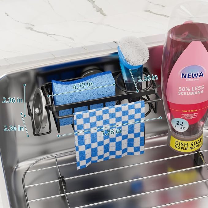 TAILI 4-in-1 Sink Caddy for Kitchen Sink with Strong Suction Cup-Black | Removable Sponge Holder for Kitchen Sink Organizer, Rustproof 304 Stainless Steel Holder for Sponge, Brush, Scrubber, Scraper - Image 3