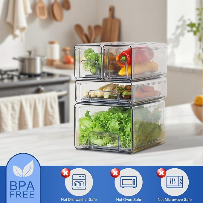 Refrigerator Organizers and Storage Drawers (2PCS, Medium) | Produce Water Draining, BPA Free, Stackable, Clear, Fruit and Veggie Organization, Pull Out Bins - Image 7