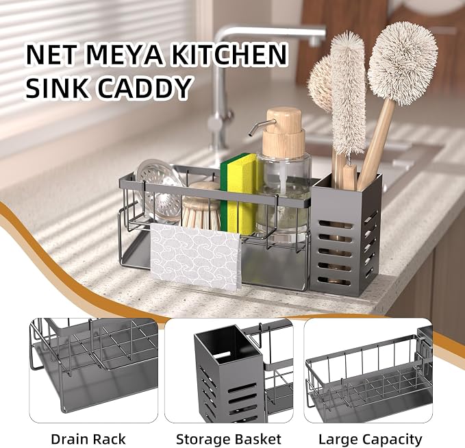 304 Stainless Steel Over Sink Caddy Sponge Soap Organizer Gray | Auto sloped drainage with removable tray, 3 divided spaces for sponge & soap, rustproof steel, no installation needed - Image 5