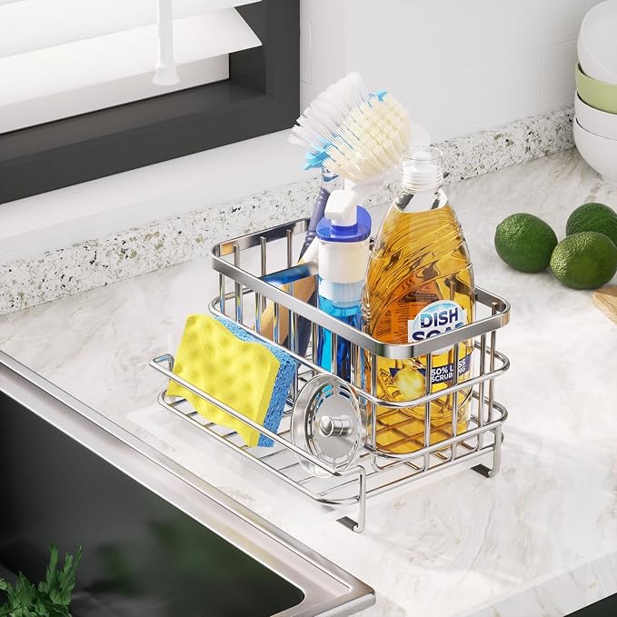 HapiRm Kitchen Sink Organizer, SUS304 Stainless Steel Rustproof Multifunctional Large Sink Caddy with Sponge Holder and Drain Tray for Kitchen Countertop (Silver) - Image 5