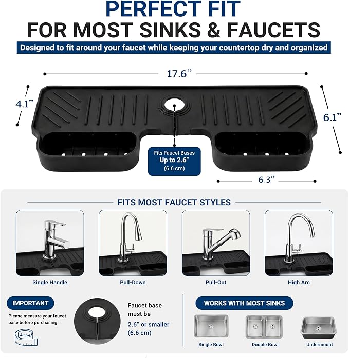 Silicone Faucet Splash Guard Mat 2 Pack – Single Hole, Black & Gray | Fast-Drying Sink Counter Protector & Drain Tray for Kitchen & Bathroom Faucets – BPA-Free, Hand Wash or Dishwasher Safe - Image 3