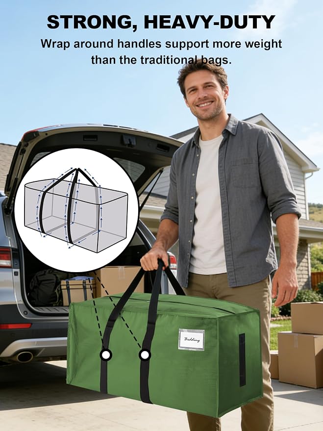 HOMESURE Supports 200lbs Heavy Duty Moving Bags - Strong Zipper & Wrap-Around Handles - Water-Resistant Storage Totes, Durable Alternative to Moving Boxes - 12 Pack - Olive Green - Image 2